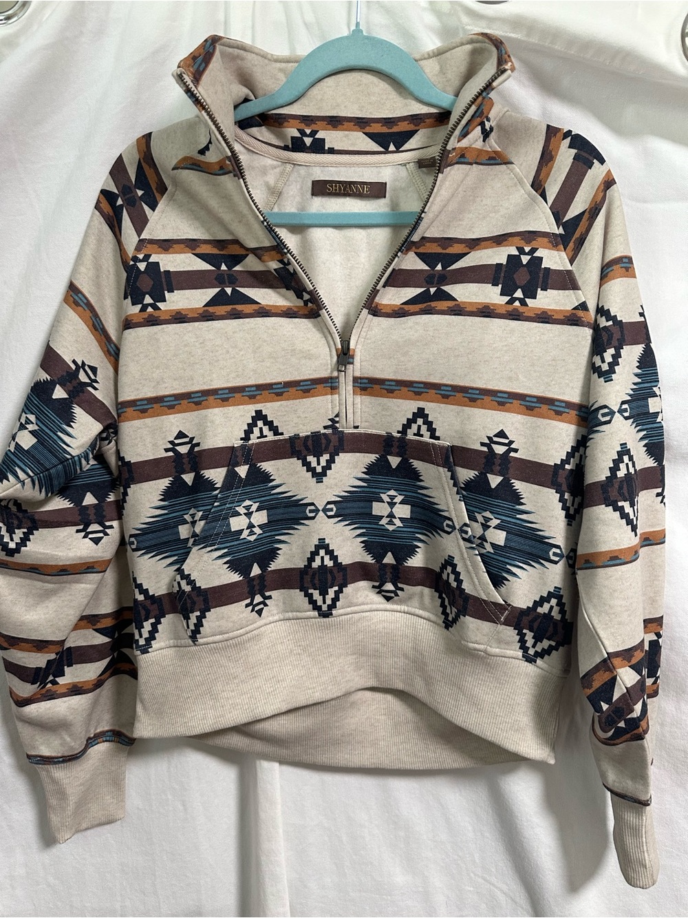 Shyanne Cream Aztec Half-Zip Pullover with Teal and Brown Accents